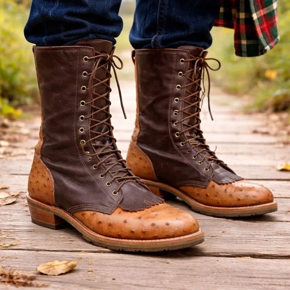 Double-H Boots Mens Size 10B Lacer Two Tone Work Boot D382 Ostrich Packer Kiltie